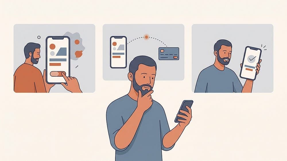 Illustration of a man pausing thoughtfully over a phone payment, with panels showing moments of a payment journey