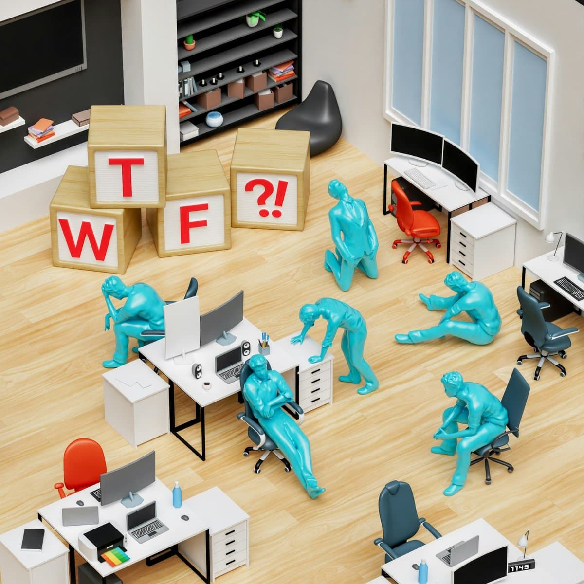 a group of blue plastic figures sitting in an office, clearly in anguish with letter blocks saying "WTF" behind them.