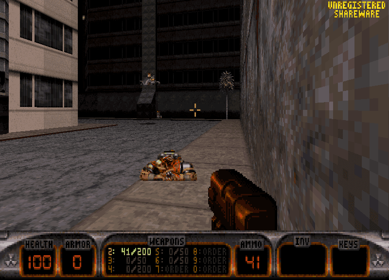 A city street in Duke Nukem 3D's first level