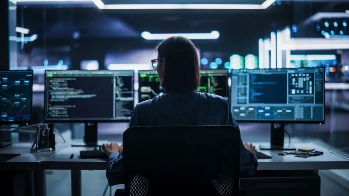 woman sitting in front of several computer screens during cybersecurity training.