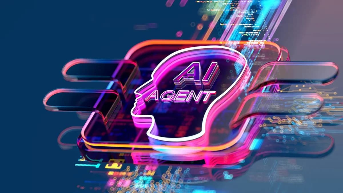 The phrase "AI AGENT" inside the silhouette of a head; colorful digital background