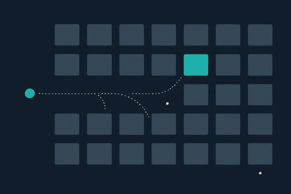 Dark blue illustration of a grid of grey cards with one teal card, and a dotted line from a dot on the left that splits into three paths, one reaching the teal card