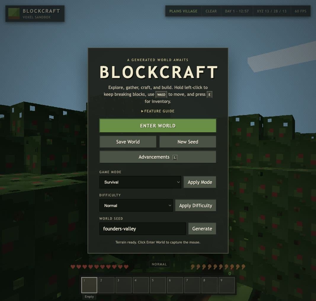 Blockcraft voxel sandbox built during the long-running GPT-5.6 test
