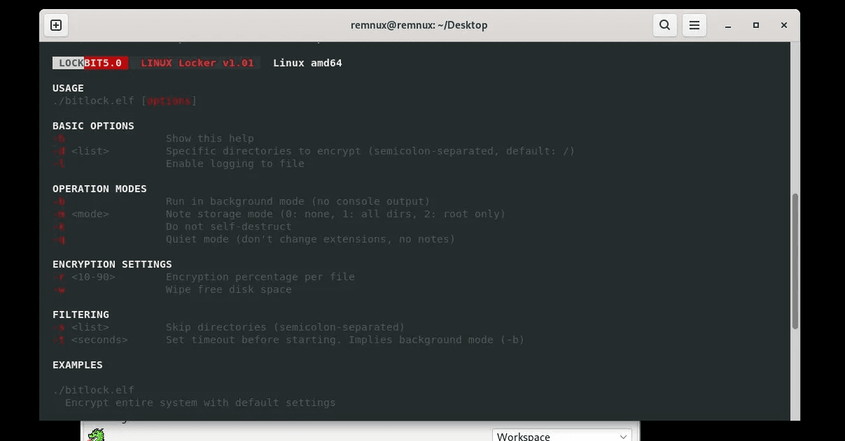 LockBit 5.0 help menu showing full CLI options