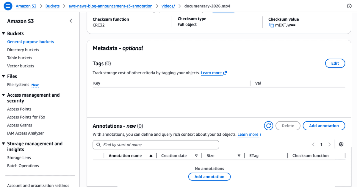 For example, a media company can attach technical specifications and AI-produced summaries to a video asset using the