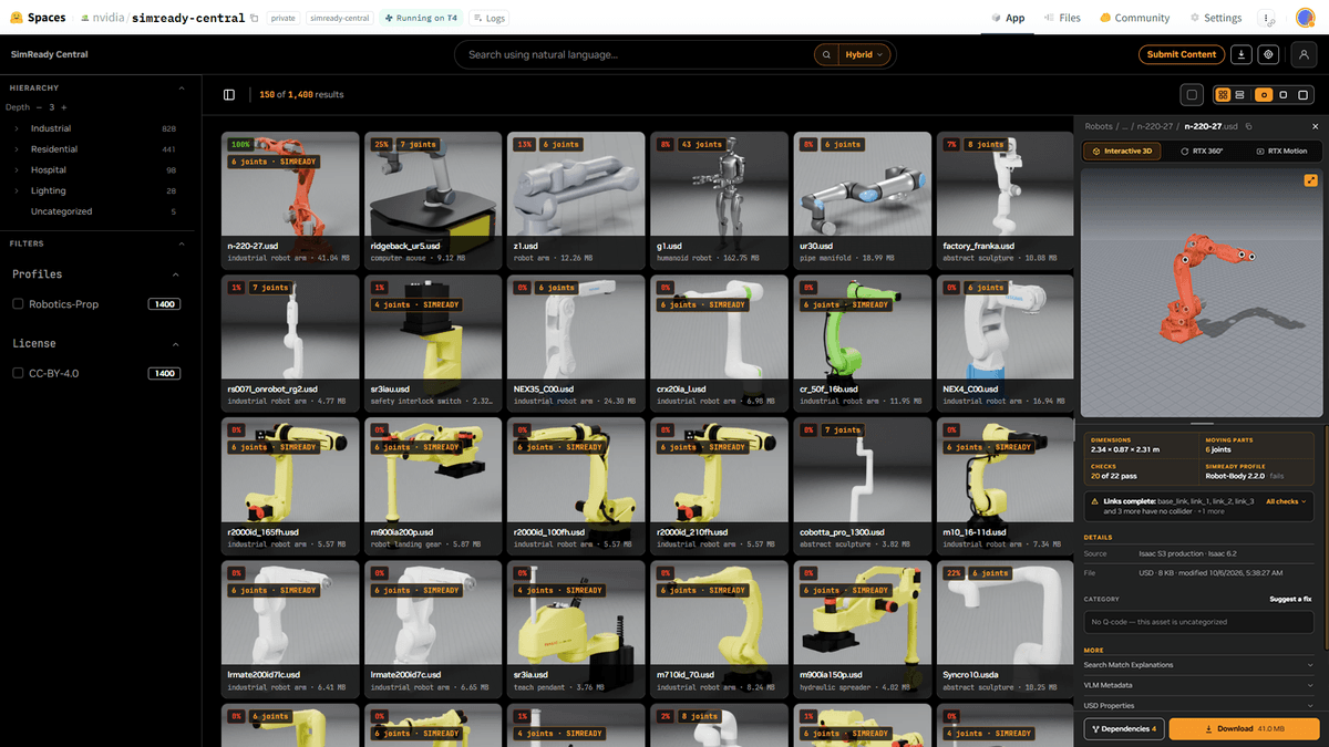 SimReady Central: biblioteca aberta com mais de 2.000 assets 3D prontos para simular robôs e AI factories