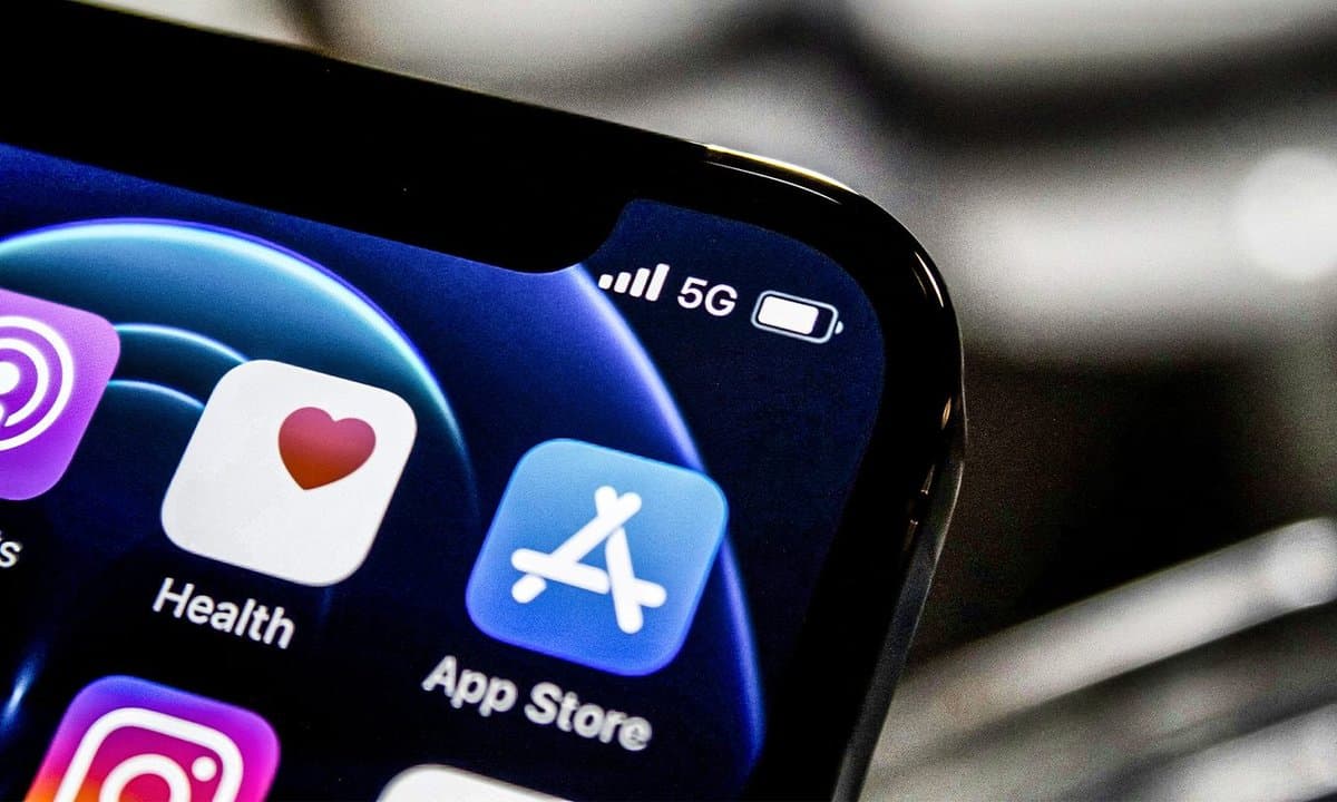 Apple App Store icon on Apple iPhone with 5G