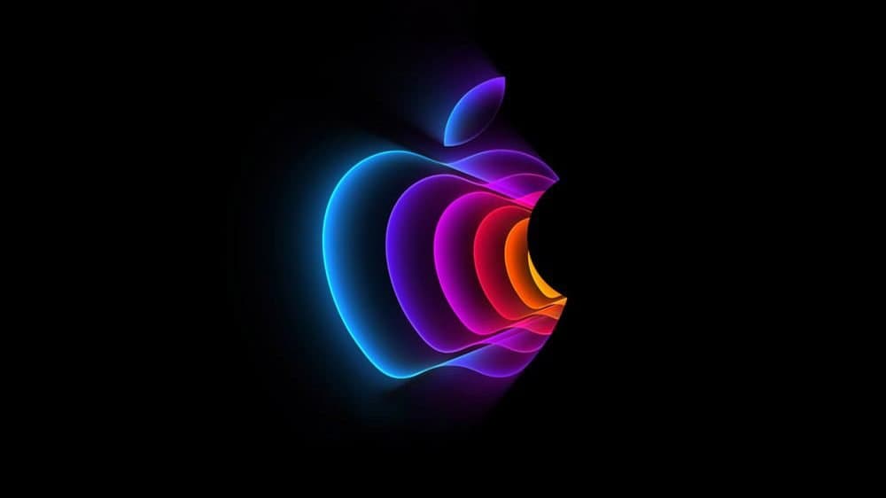 A stylized Apple logo on a black background for Apple's Peek Performance event on March 8, 2022.