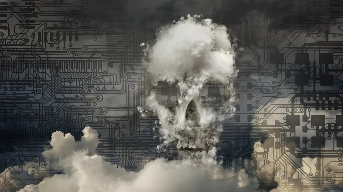 A cloud in the shape of a skull over a motherboard background.