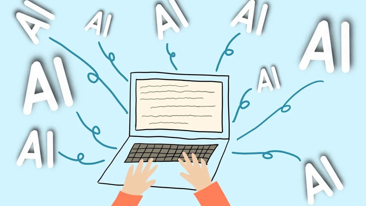 An illustration of hands typing on a keyboard with the words "AI" floating around.