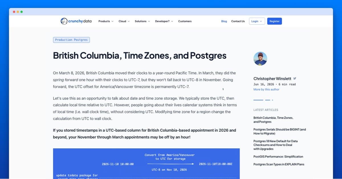 British Columbia, fusos horários e Postgres
