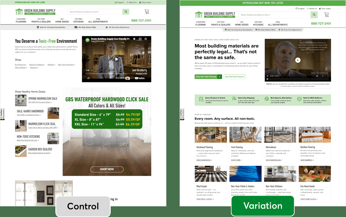The original and variation versions of the Green Building Supply homepage.