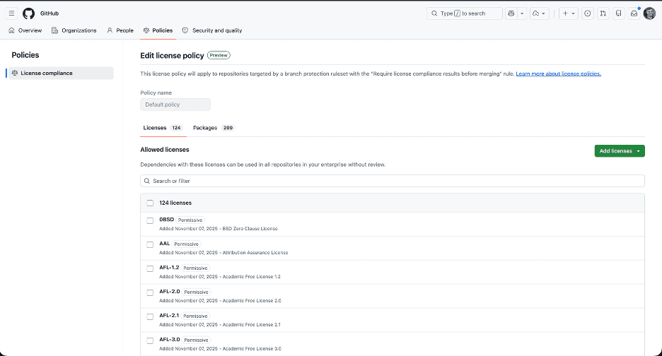 The enterprise license policy screen has a paginated list of SPDX licenses, with the ability to add more via manual input or a selection dialog.