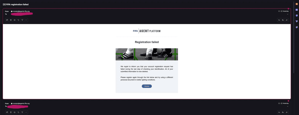 FIFA registration failed