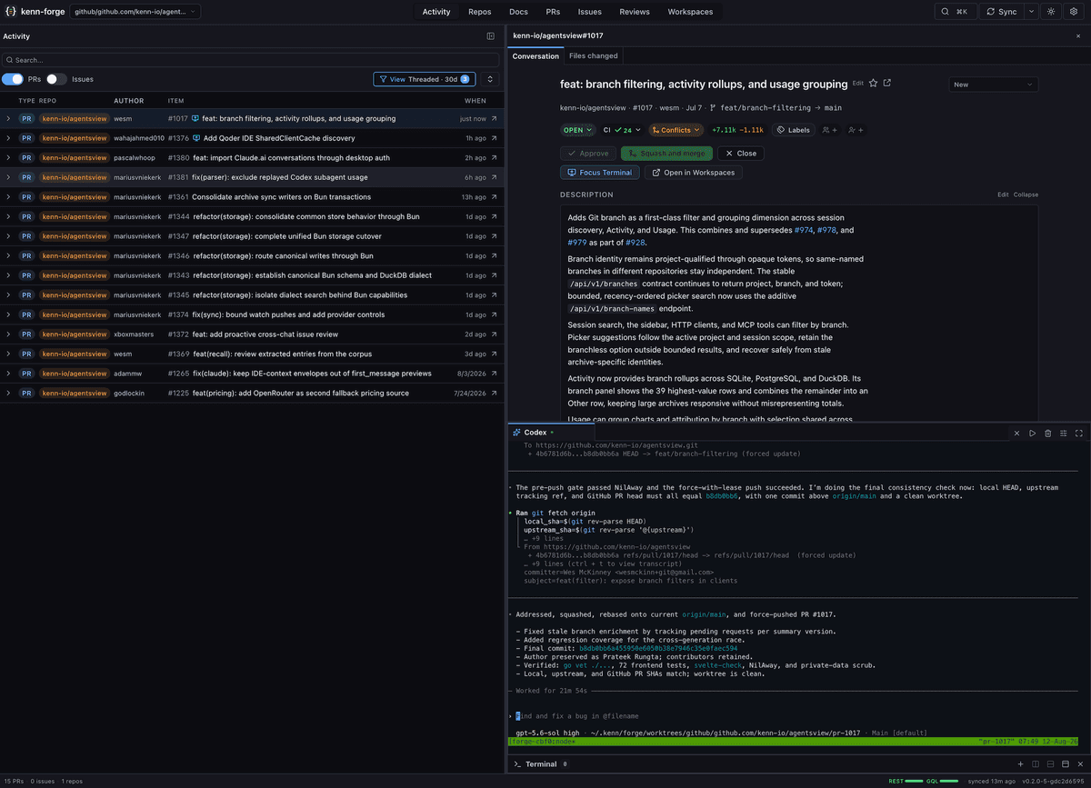 A screenshot of working on a PR in Kenn Forge.