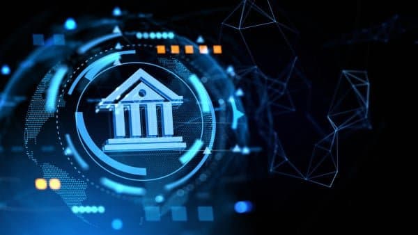 Digital banking icon with glowing blue holographic interface and circuit elements