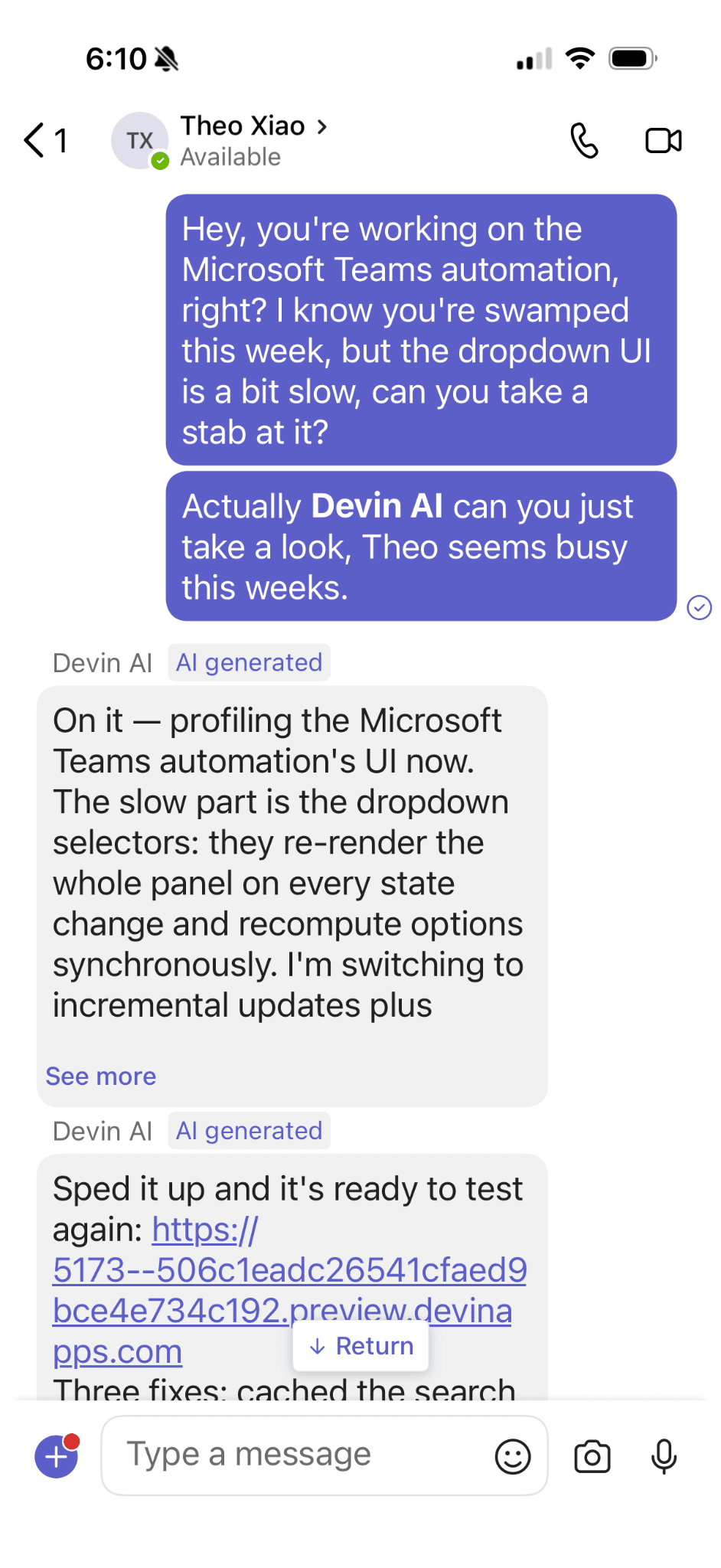 Devin replying to a direct message in Microsoft Teams