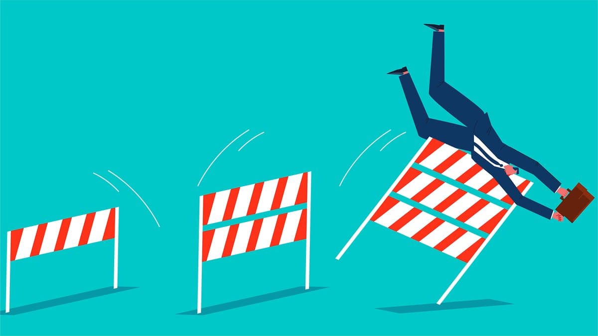 Stock illustration of a male business person wearing a suit falling over a hurdle after jumping over two prior hurdles.