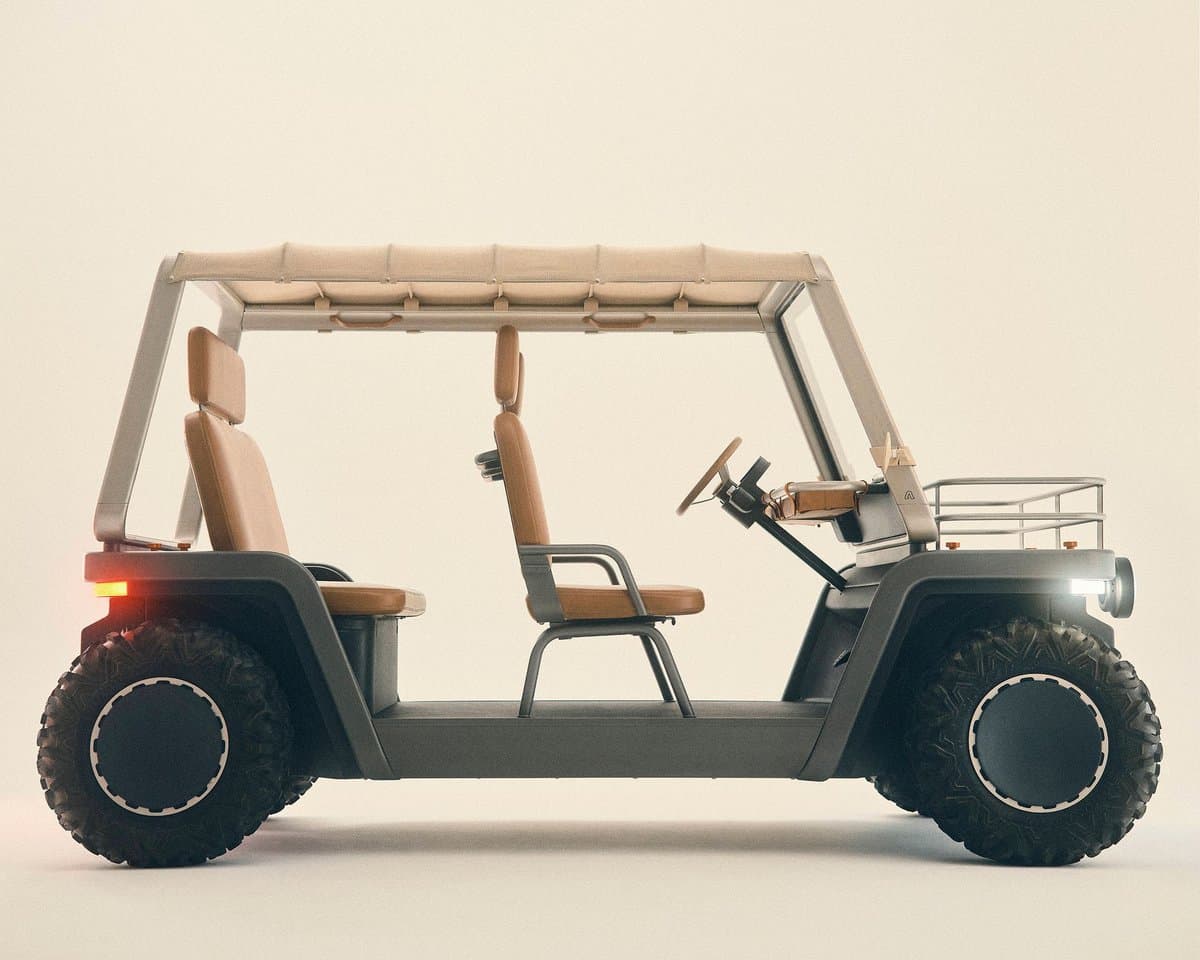 The Amble One has an open-air cabin with front and back seats, large wheels, and is street-legal.
