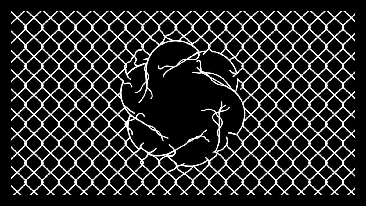 A white wire fence with a black background, with an OpenAI logo-sized hole in the middle