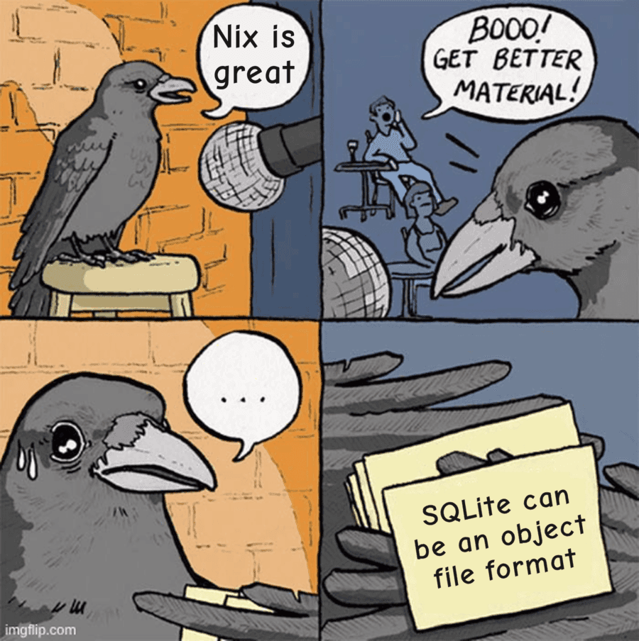 Four-panel comic. A crow at a microphone says "Nix is great"; the audience
boos and shouts "get better material"; the crow looks stricken; the last panel
shows its remaining cue cards, which read "SQLite can be an object file format".