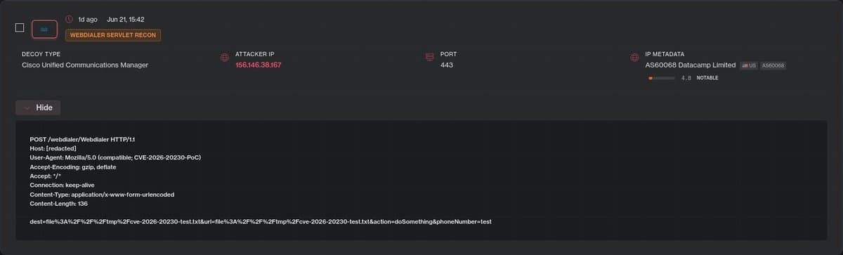 Cisco CVE-2026-20230 exploit on honeypots