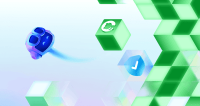 Copilot moves through a decorative field of floating cubes marked with sync and check icons.