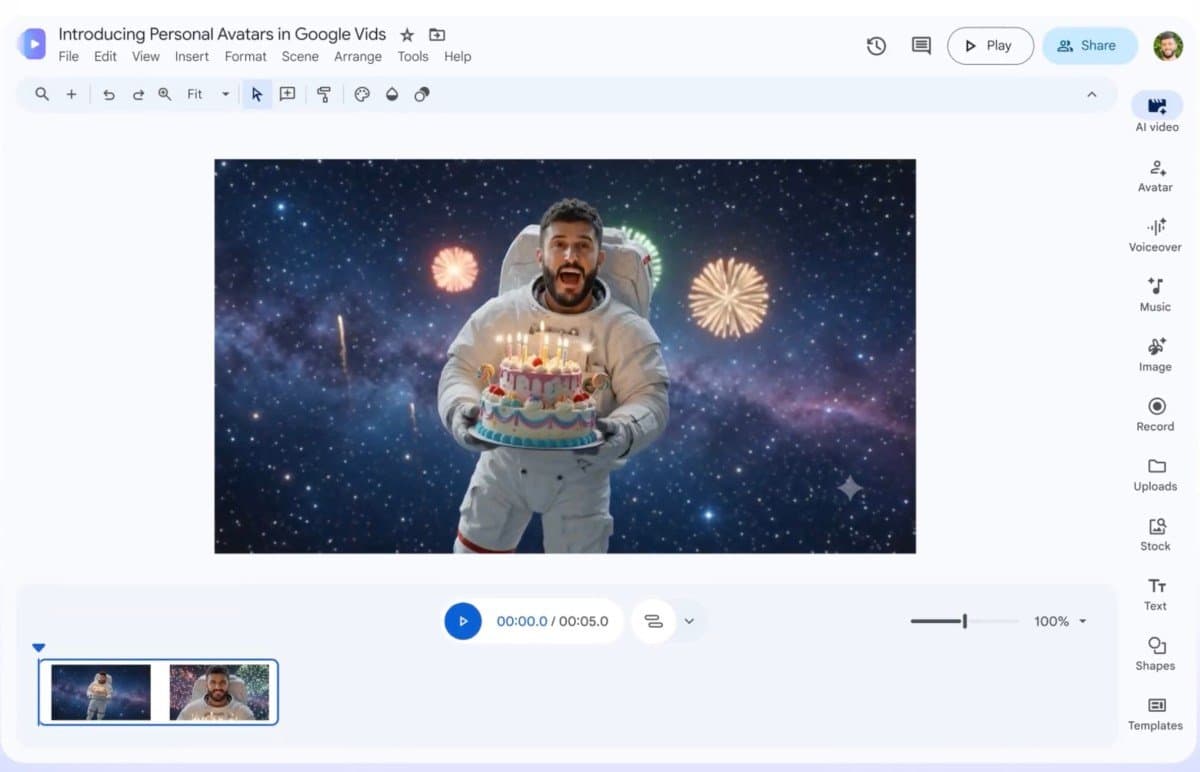 Google Vids agora permite estrelar seus próprios vídeos de IA
