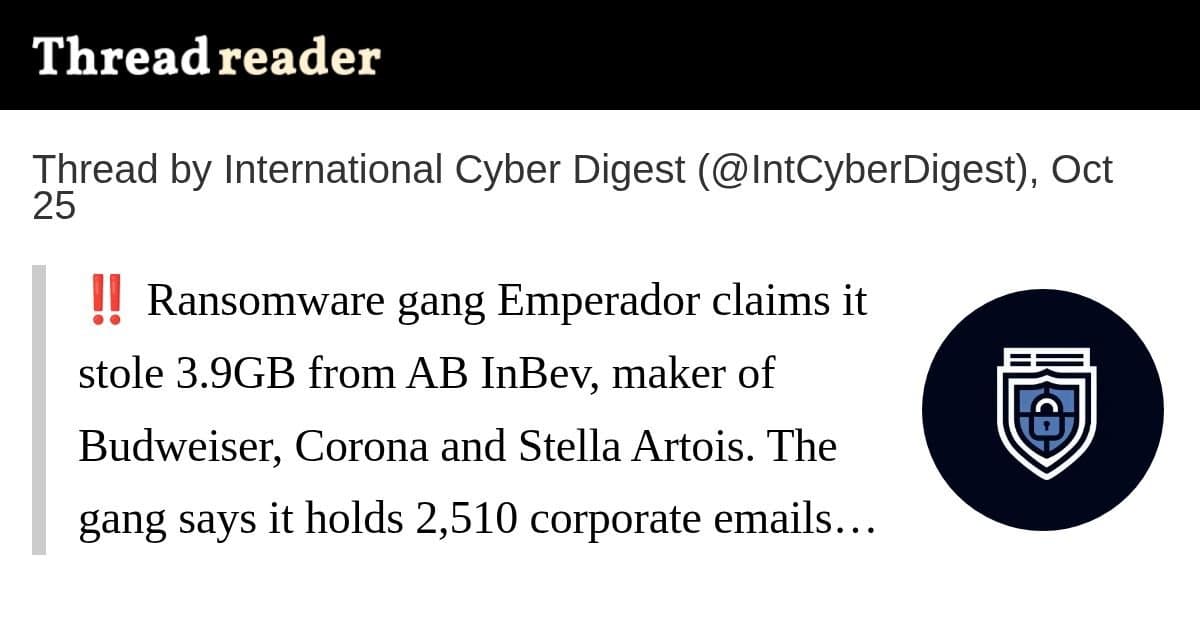 Grupo de ransomware Emperador alega ter roubado 3,9 GB da AB InBev
