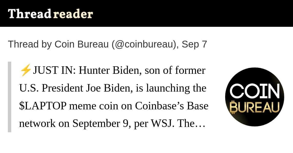 Hunter Biden Lança Memecoin $LAPTOP na Rede Base com Mecanismo de Queima Único