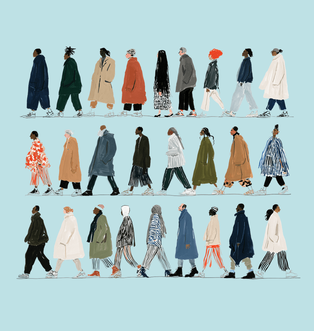 Illustration of twenty-four diverse people walking in two rows against a light blue background, each dressed in unique and colorful clothing styles, with varied hairstyles and accessories.