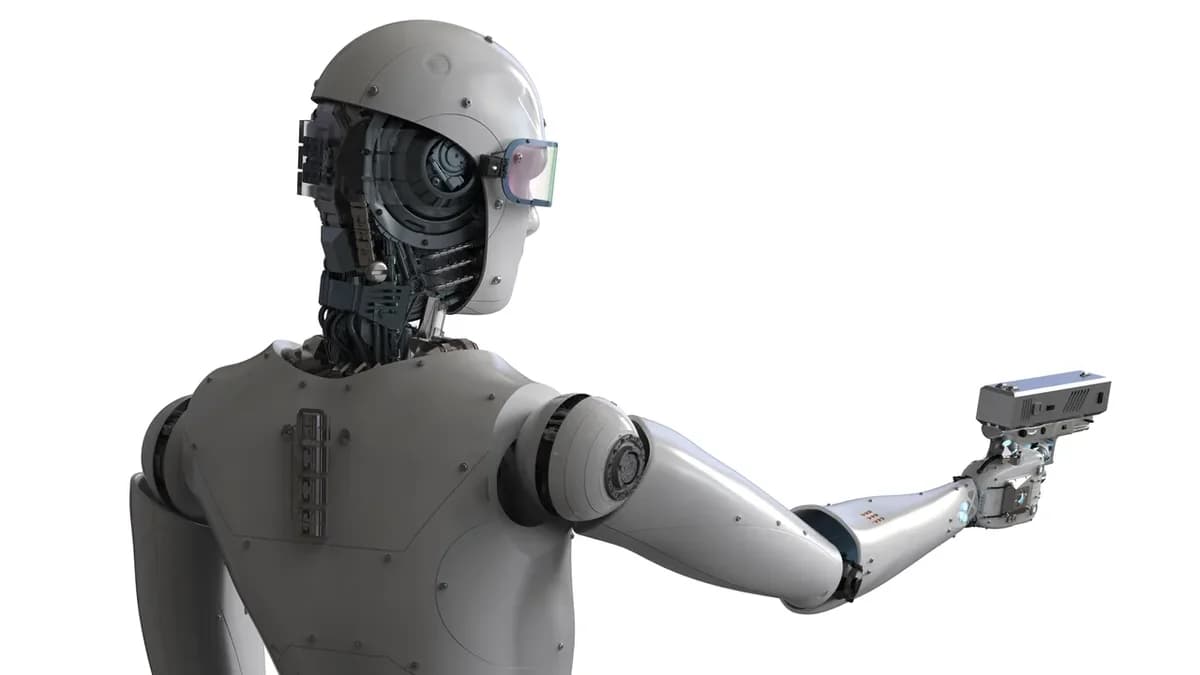 A robot holding a handgun.