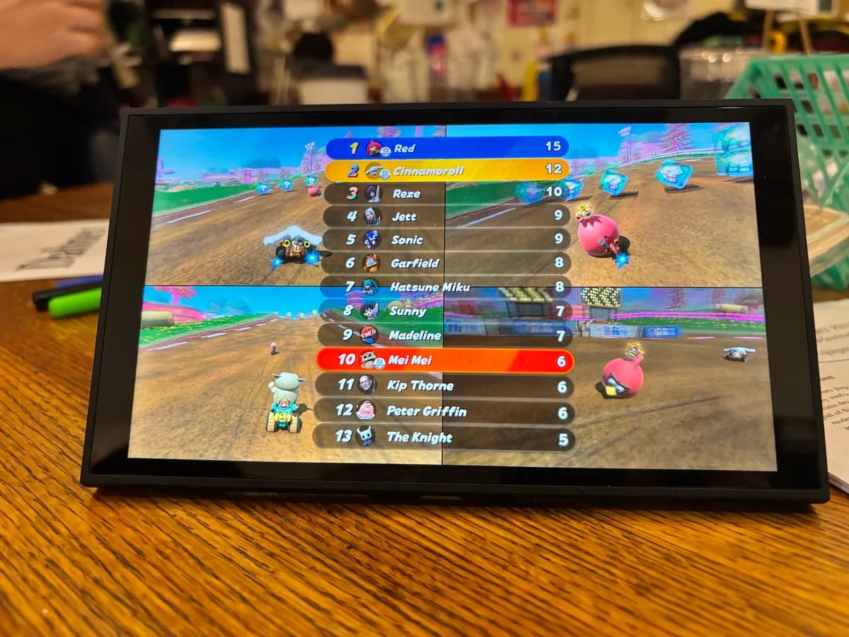 Mario Kart World results with Red, Cinnamoroll, Reze, and other custom characters.