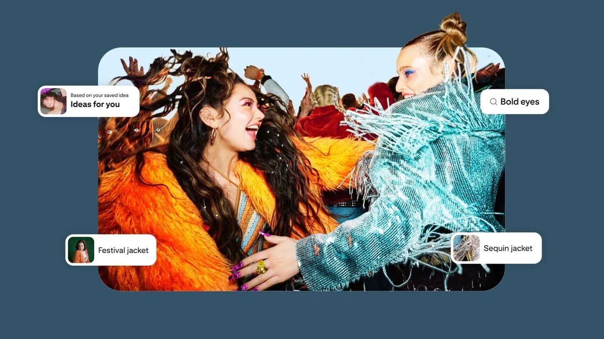 Two smiling women in bright, textured jackets dancing at an outdoor festival. Overlaid white Pinterest tags read: ‘Ideas for you’, ‘Bold eyes’, ‘Festival jacket’ and ‘Sequin jacket’.