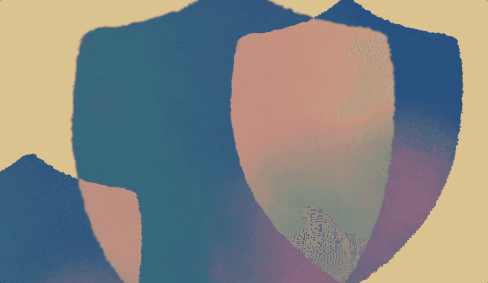 Abstract illustration of three overlapping shield shapes in blue, pink, and purple tones on a beige background.