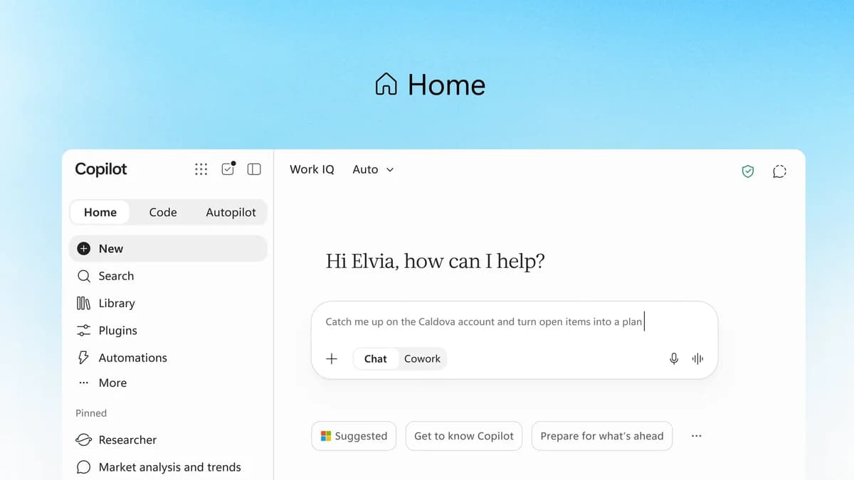 Microsoft Copilot Home launch image showing Home, Code and Autopilot navigation, with Chat and Cowork in the same prompt box.