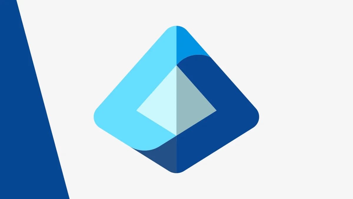 An abstract geometric logo consisting of a diamond shape split into light blue pale teal and dark bl