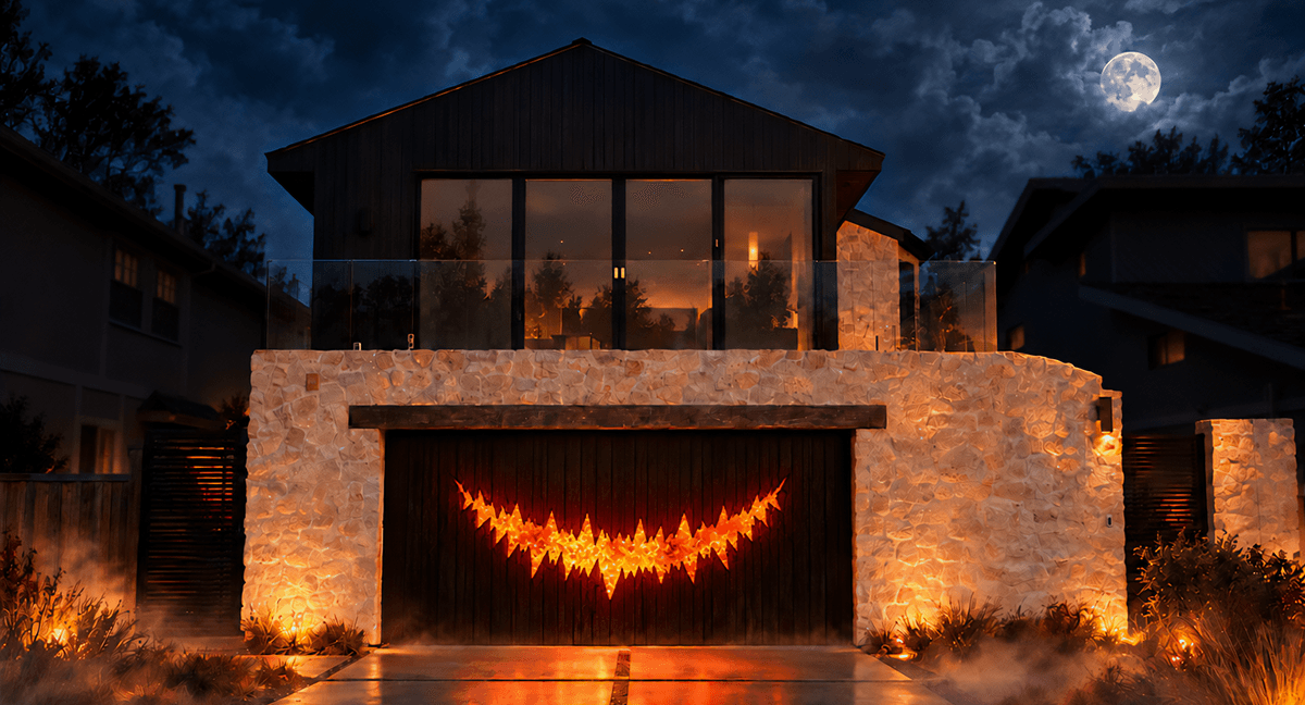 Projeção de Halloween com Nemotron transforma a garagem em uma casa rabugenta que conversa com as crianças