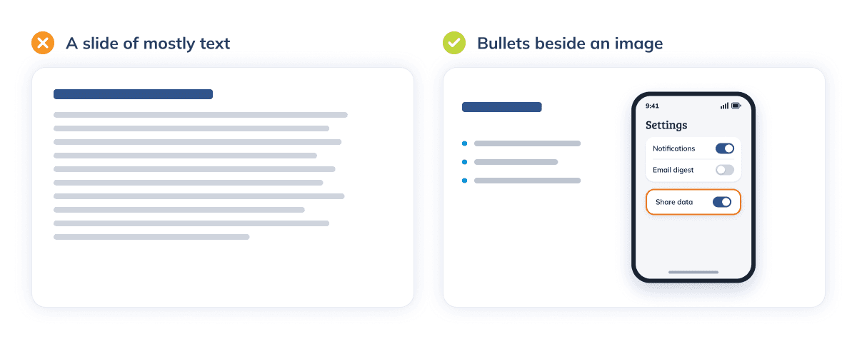 Example slides of mostly text and bullets by a high-resolution image.