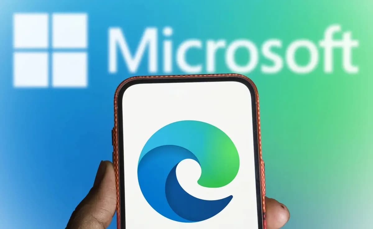 Microsoft Edge logo displayed on a phone with Microsoft written in the background behind the phone