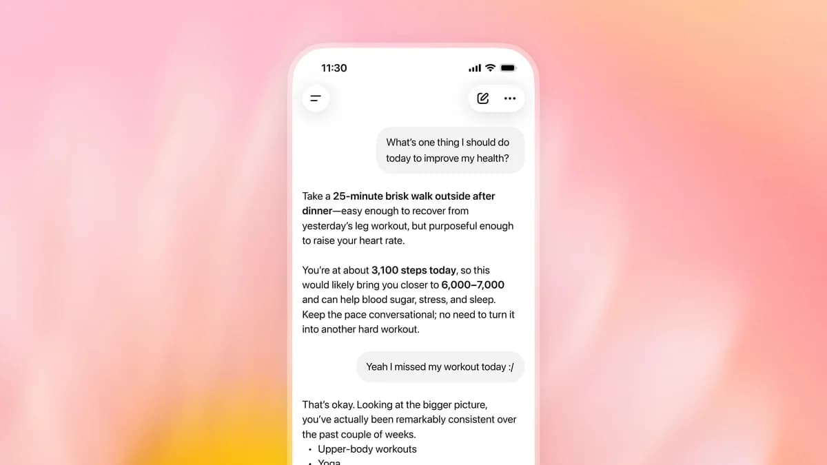 Mobile phone showing a ChatGPT Health conversation recommending a 25-minute brisk walk after dinner, based on the user’s recent activity and missed workout.