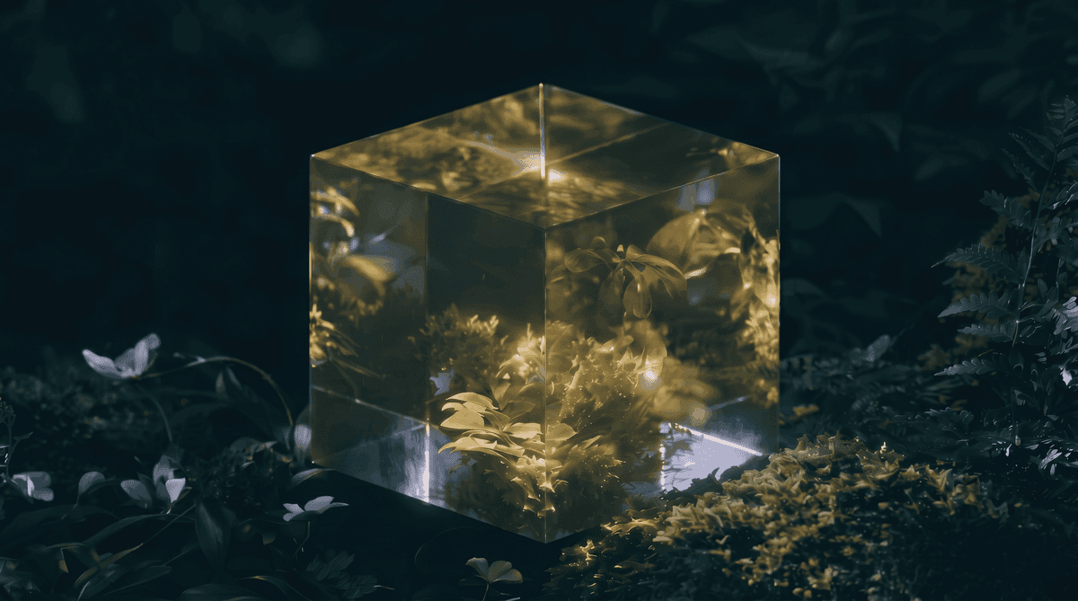 A glowing glass cube filled with lush green plants sits in a dark forest, with lines of white computer code floating across its transparent surface.