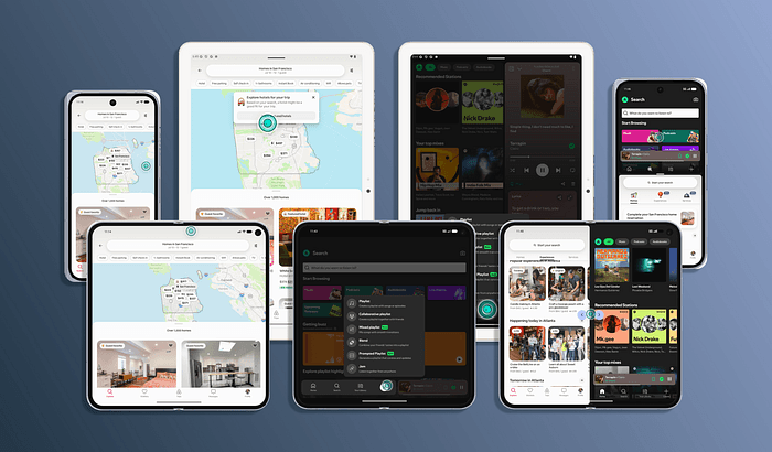 Adaptive app examples from Airbnb and Spotify across form factors