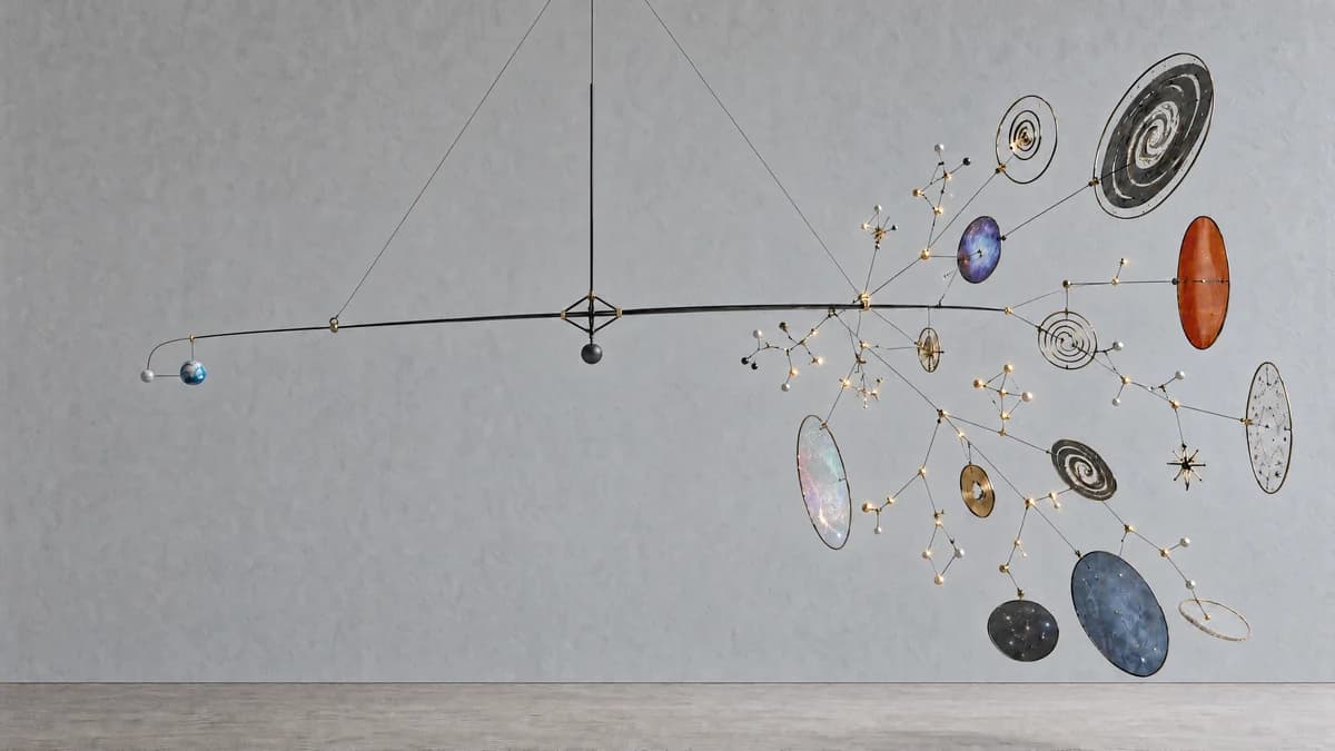 A suspended mobile balances a small Earth against branching stars, planets, and galaxies.