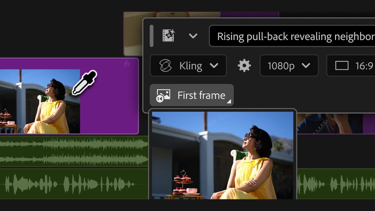 screenshots from Adobe Premiere Pro that display the Generative Media Tool in action