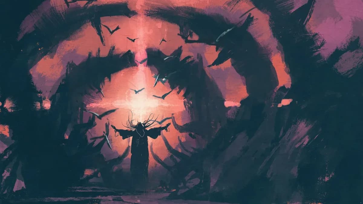 Warlock in black robe stand in a bleak landscape; ominous birds hover