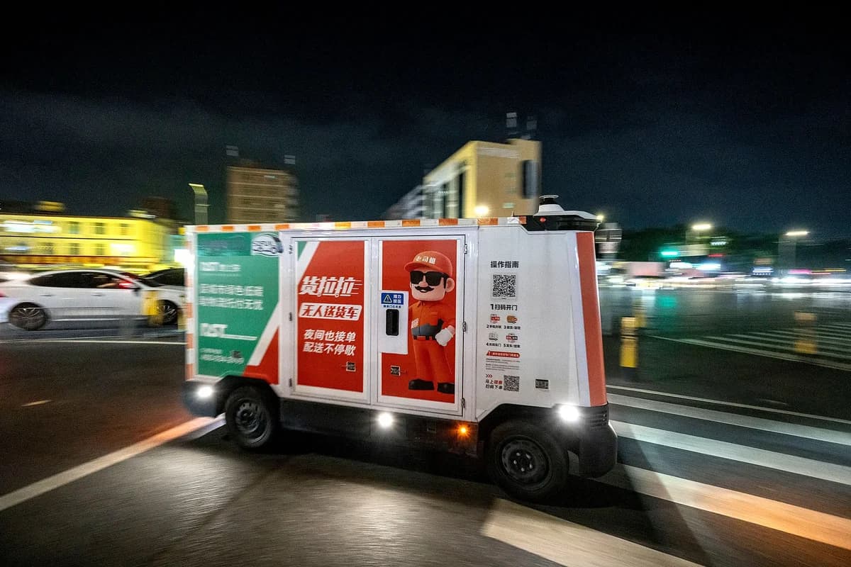 A Neolix robovan on a demo run from a wholesale fresh produce night market in Shenzhen, China.