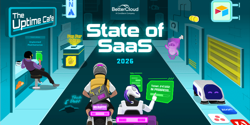 A bustling, futuristic urban street where robots and humans interact and use advanced tech devices. Digital billboards overhead feature SaaS-related messages, while the phrase "2026 State of SaaS" stands out centrally, drawing focus to key insights from the latest SaaS report. Modern architecture and neon lighting accentuate the high-tech atmosphere.