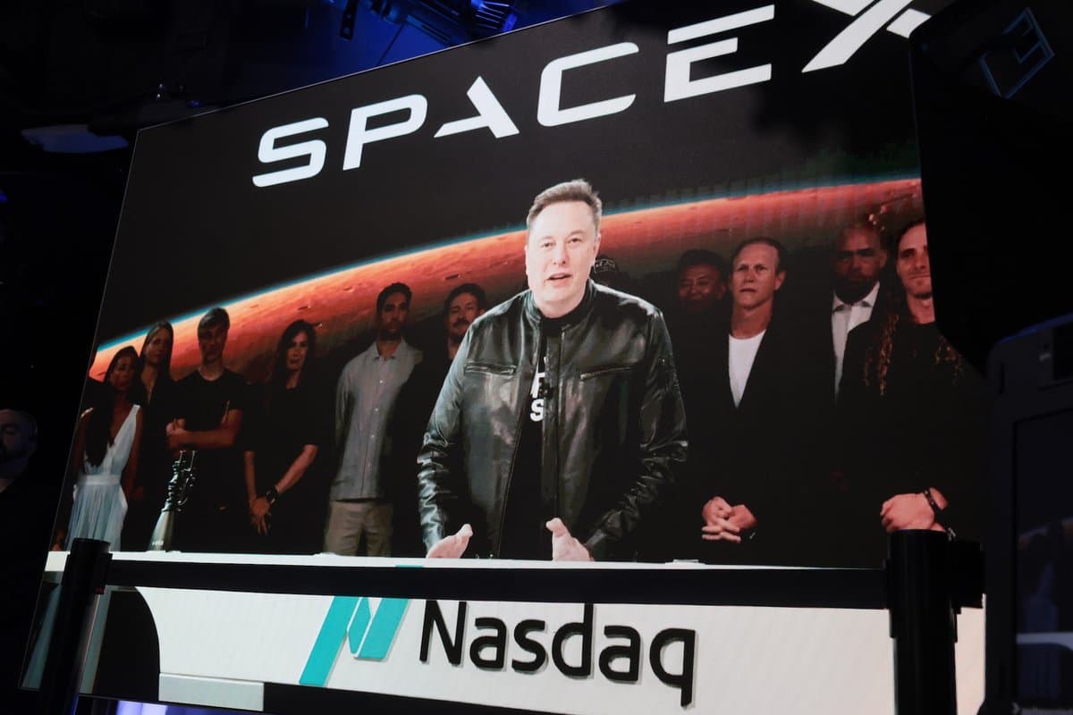 Elon Musk, founder and CEO of SpaceX, speaks via video before the ringing of opening bell at the Nasdaq Marketsite at the launch of the company's initial public offering (IPO) on June 12, 2026