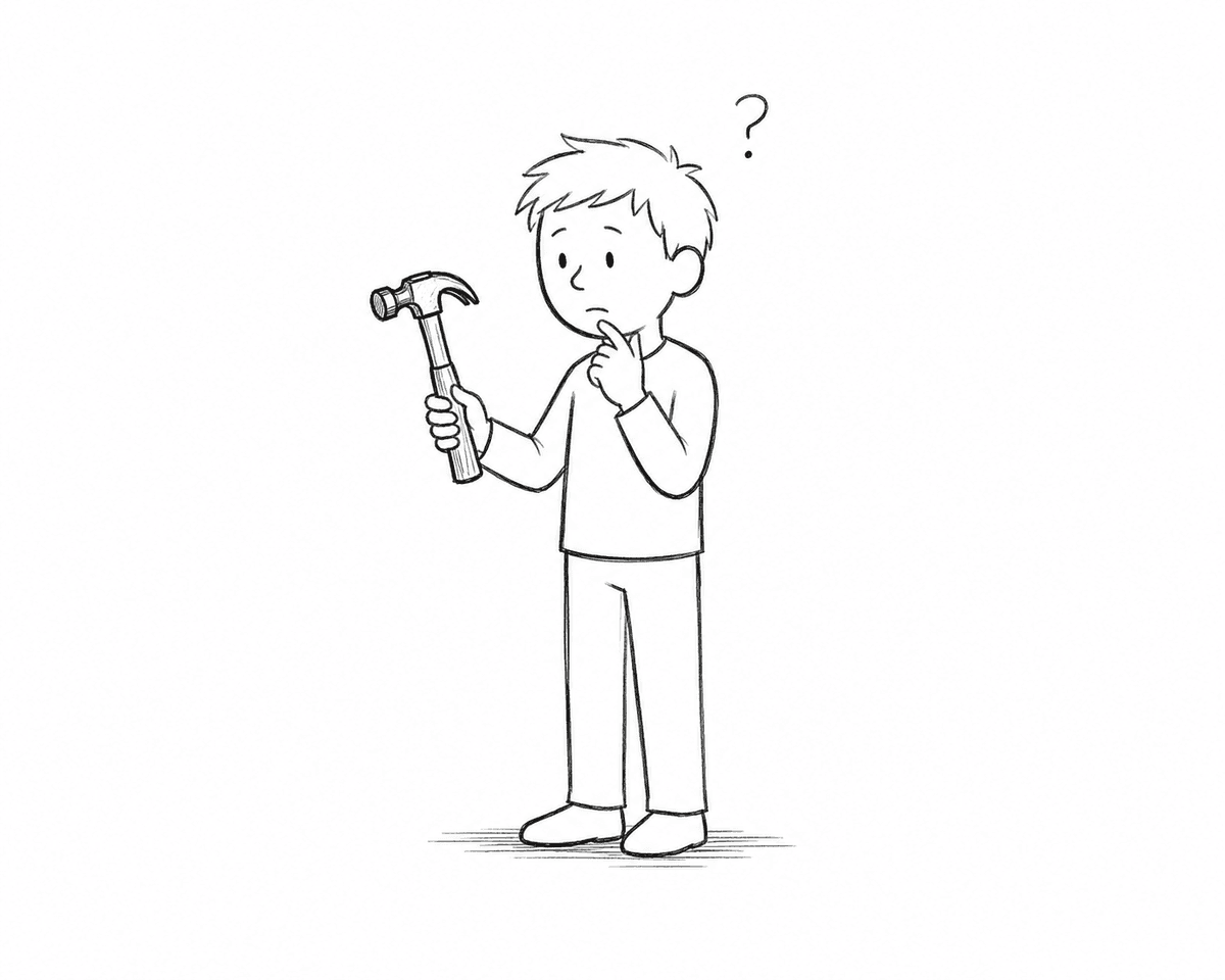 boy examining hammer and not knowing what to do with it